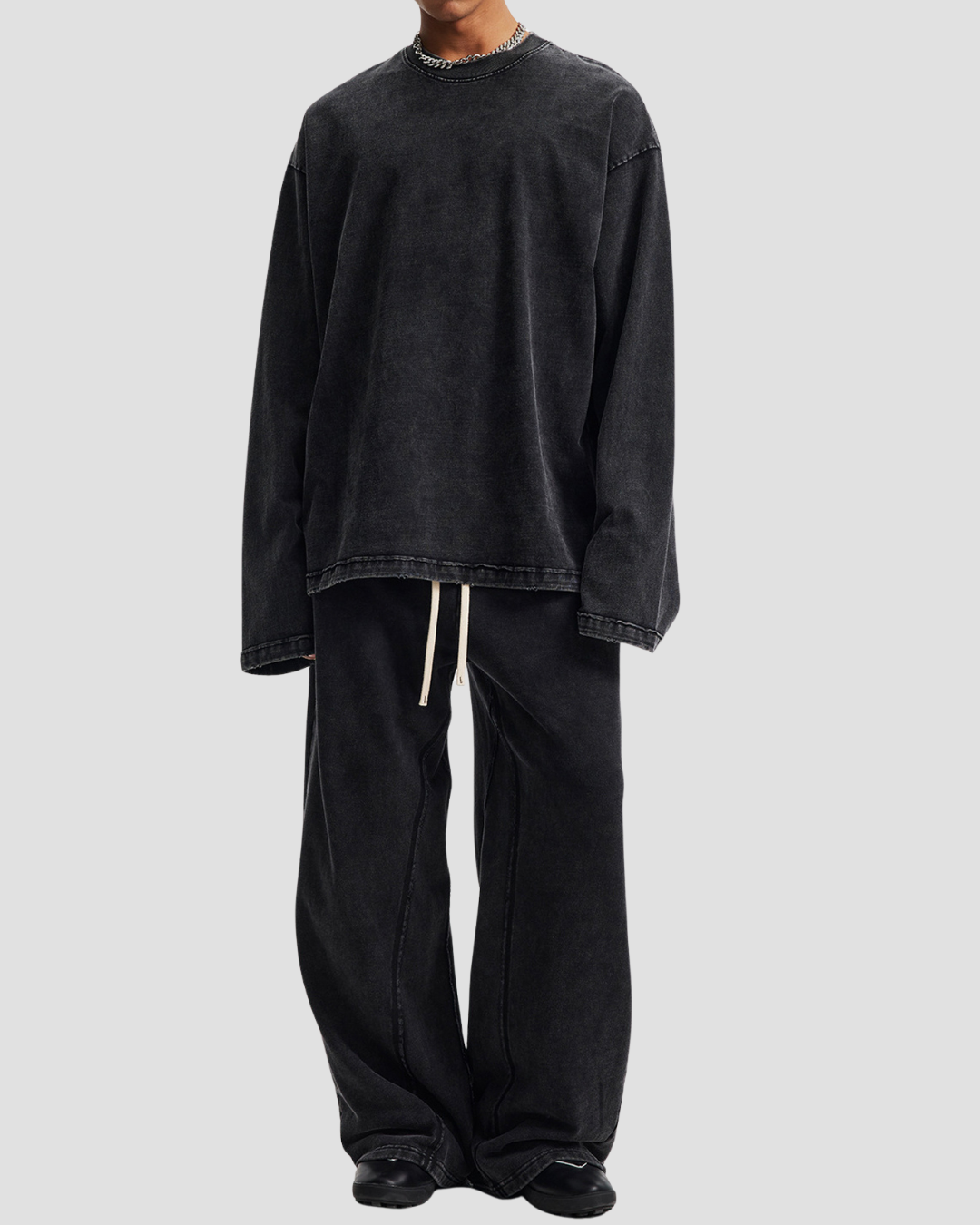 Unisex Acid Wash Wide-Leg Jogger Sweatpants | Vintage Black