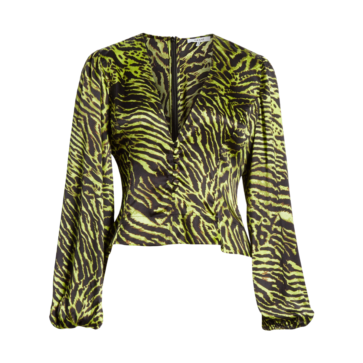 GANNI Tiger Print Silk Blend Satin Top in Lime Green NWT US 4