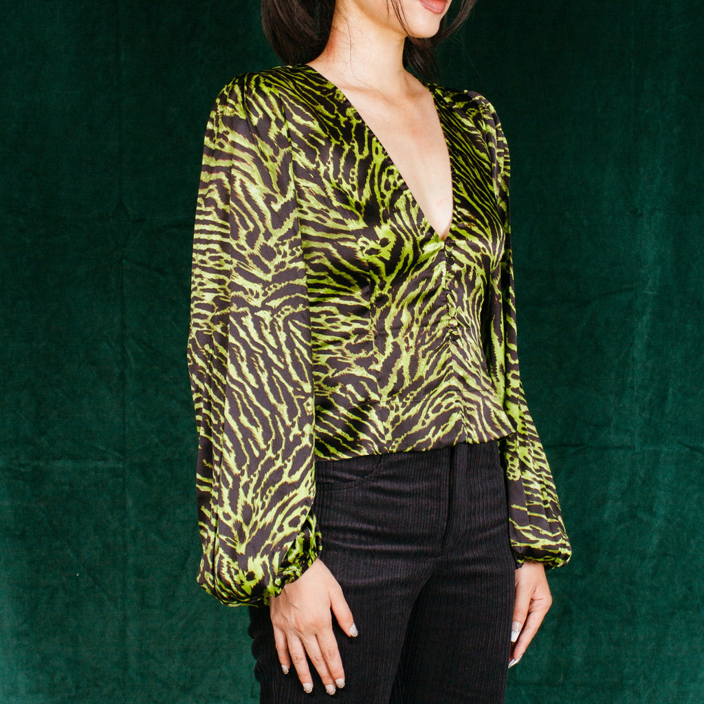 GANNI Tiger Print Silk Blend Satin Top in Lime Green NWT US 4