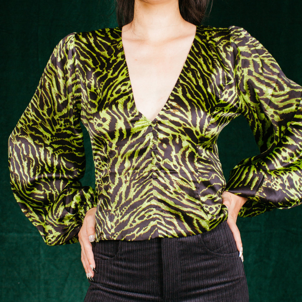 GANNI Tiger Print Silk Blend Satin Top in Lime Green NWT US 4
